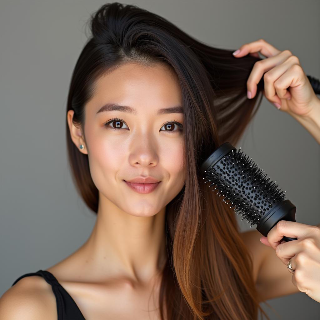 A woman with fine, straight hair getting a blow dry