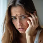 Woman nervously brushing hair through fingers