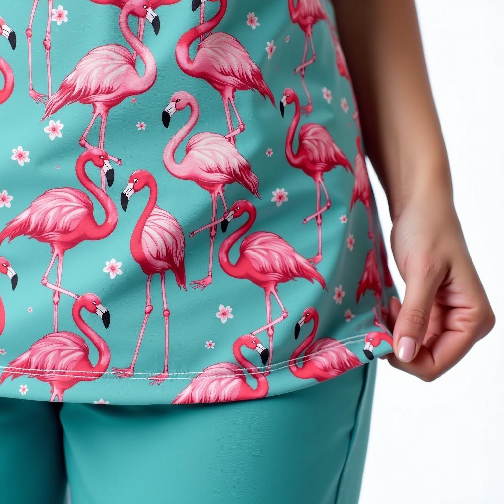 Flamingo scrub top fabric close-up