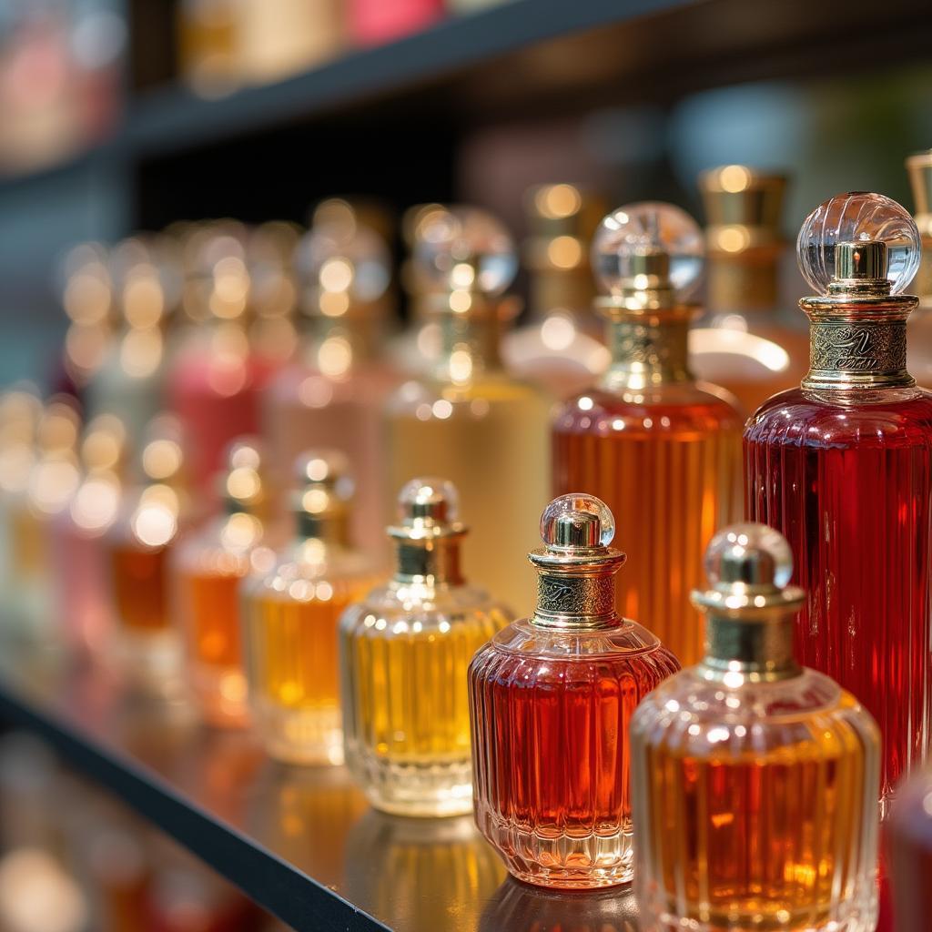 Various flower smell perfume bottles displayed on a shelf