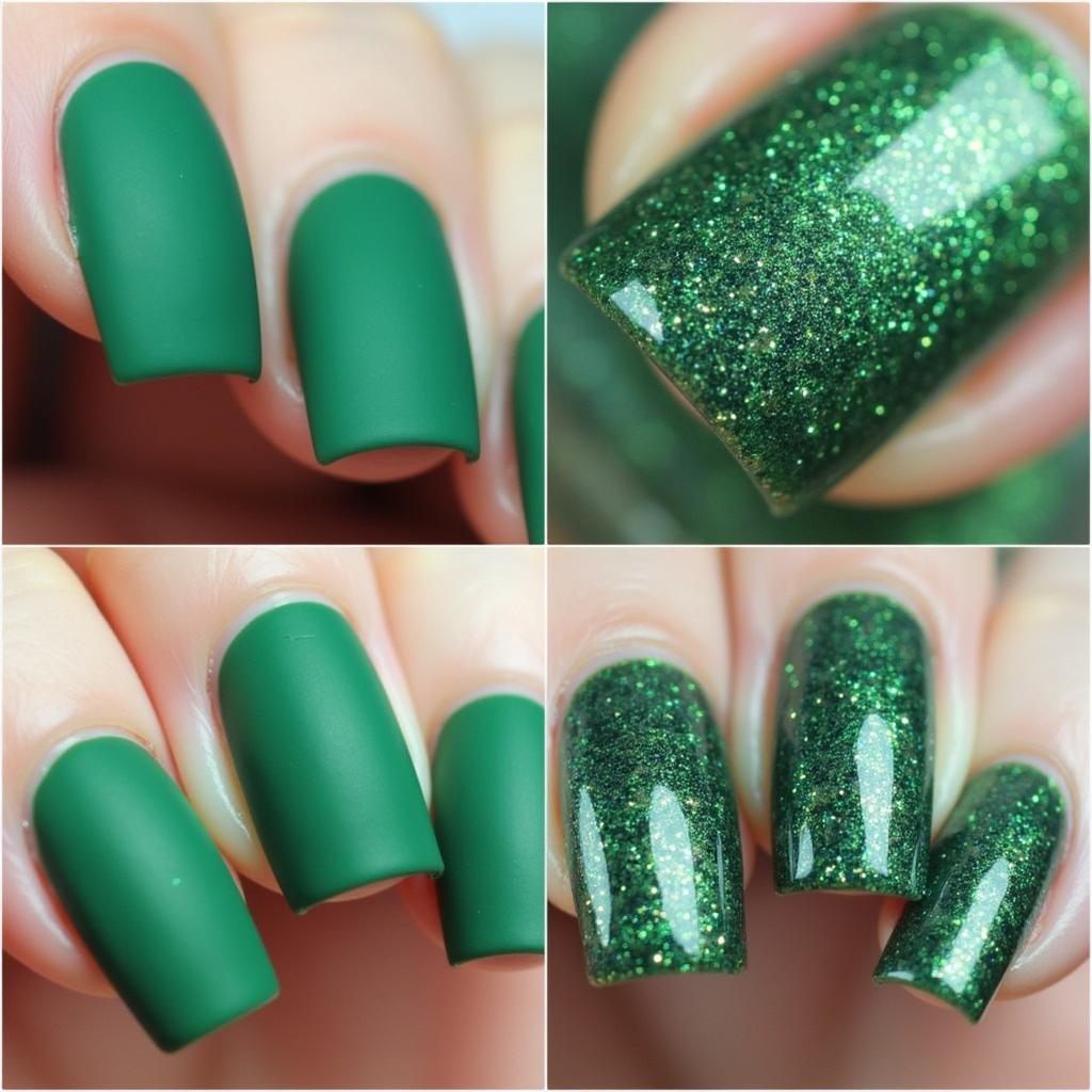 Forest Green Nail Polish with Different Finishes