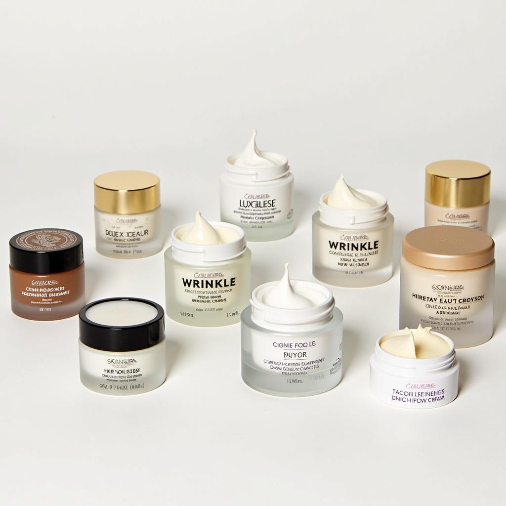 Close-up of various free sample wrinkle cream jars, showcasing different brands and textures.