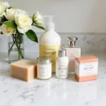 Various French bath products arranged on a marble countertop