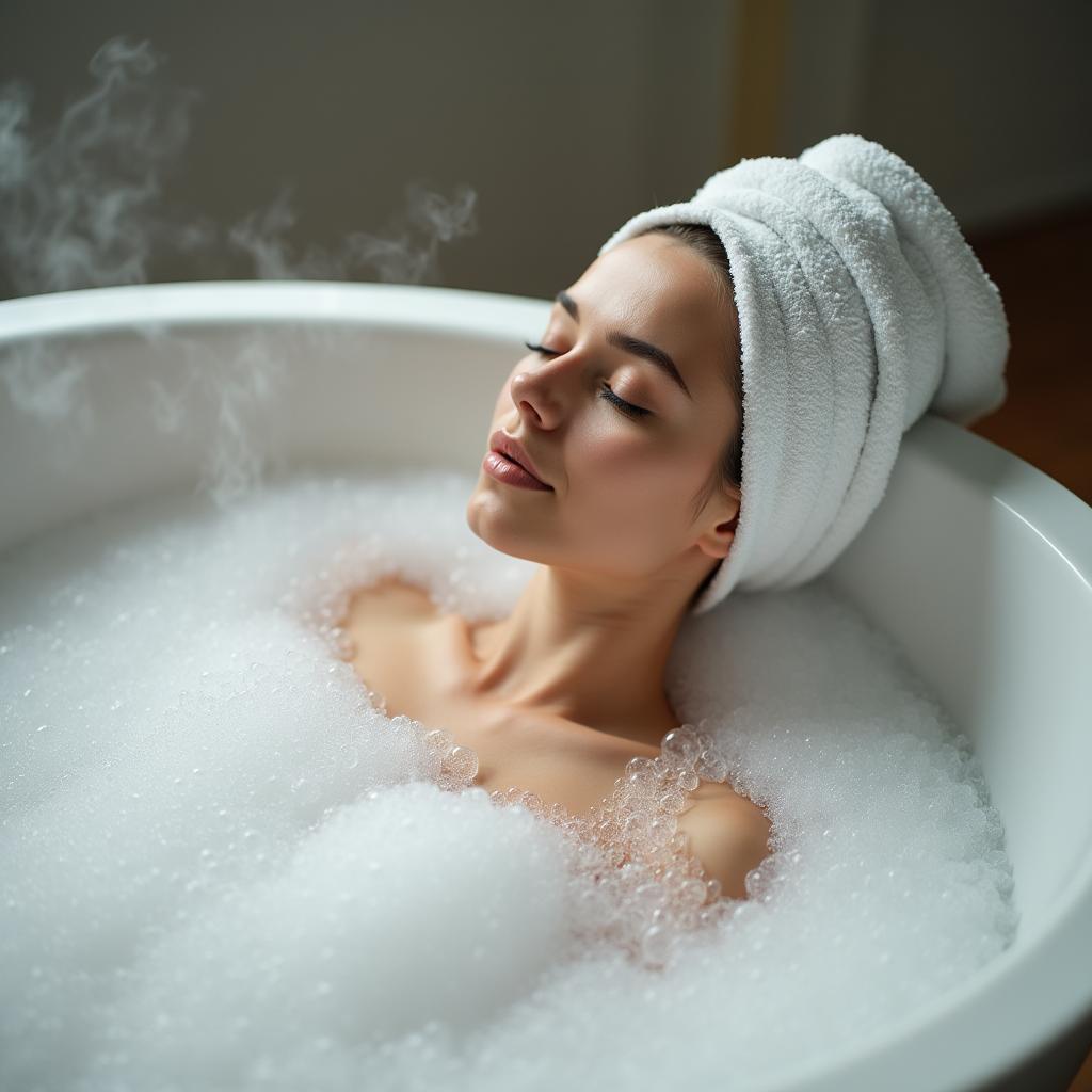 A woman relaxing in a bath with a towel wrapped around her head