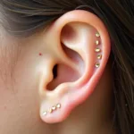 Gold ear seeds placed on specific acupressure points on the ear