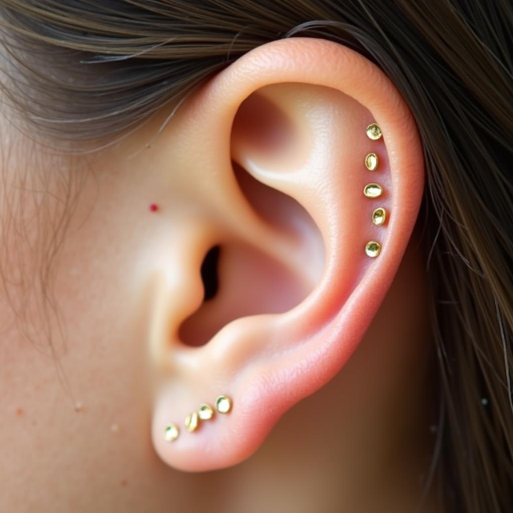 Gold ear seeds placed on specific acupressure points on the ear