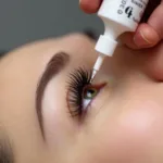 A lash technician applying grip bond lash glue to an eyelash extension.