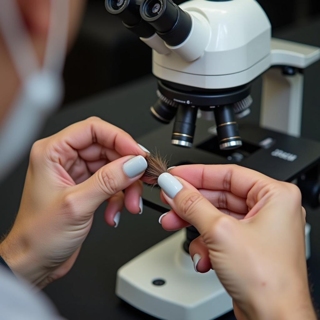 Stylist analyzing hair under a microscope