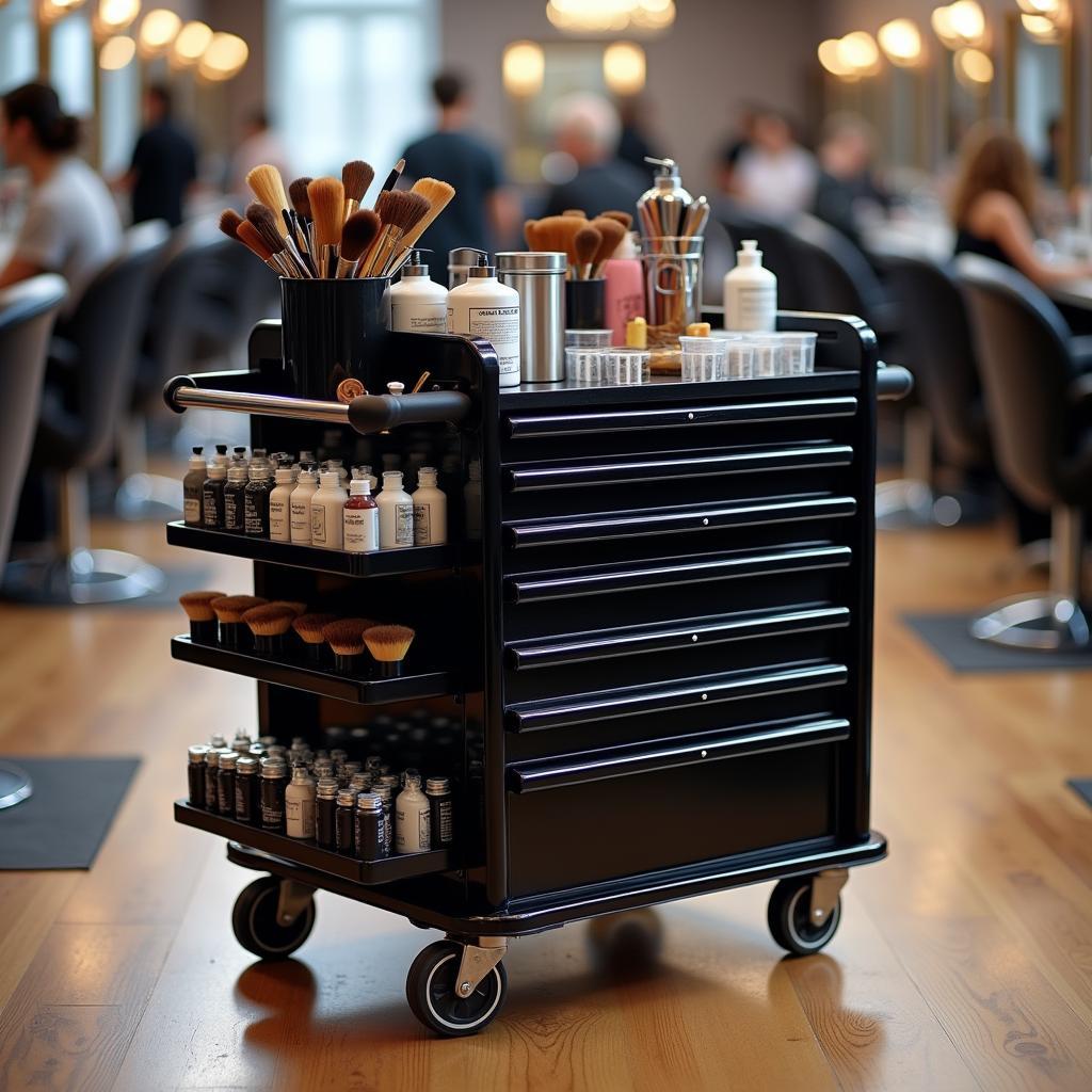 A rolling cart with multiple tiers for organizing hair color supplies and tools, ideal for mobile stylists.