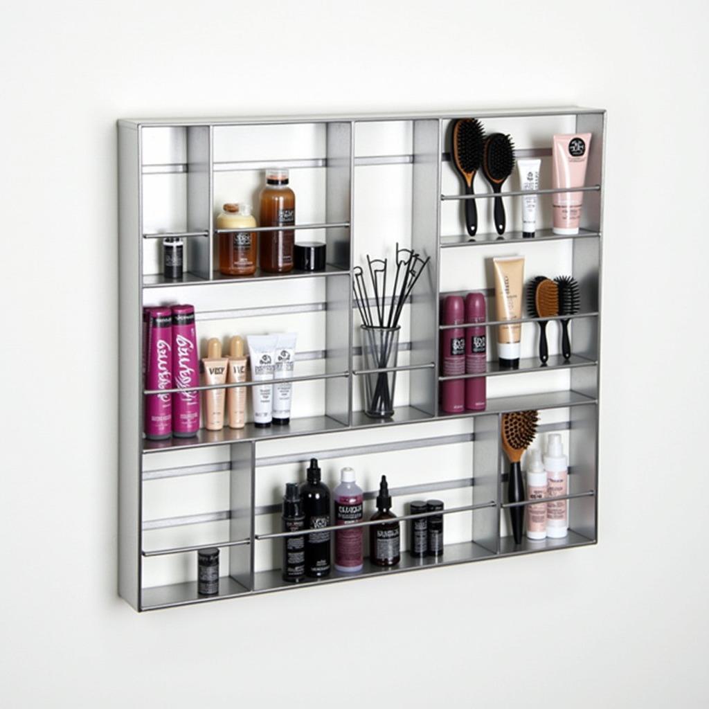 Wall-mounted hair color organizer with multiple shelves and compartments for storing hair dye tubes, bottles, and tools.