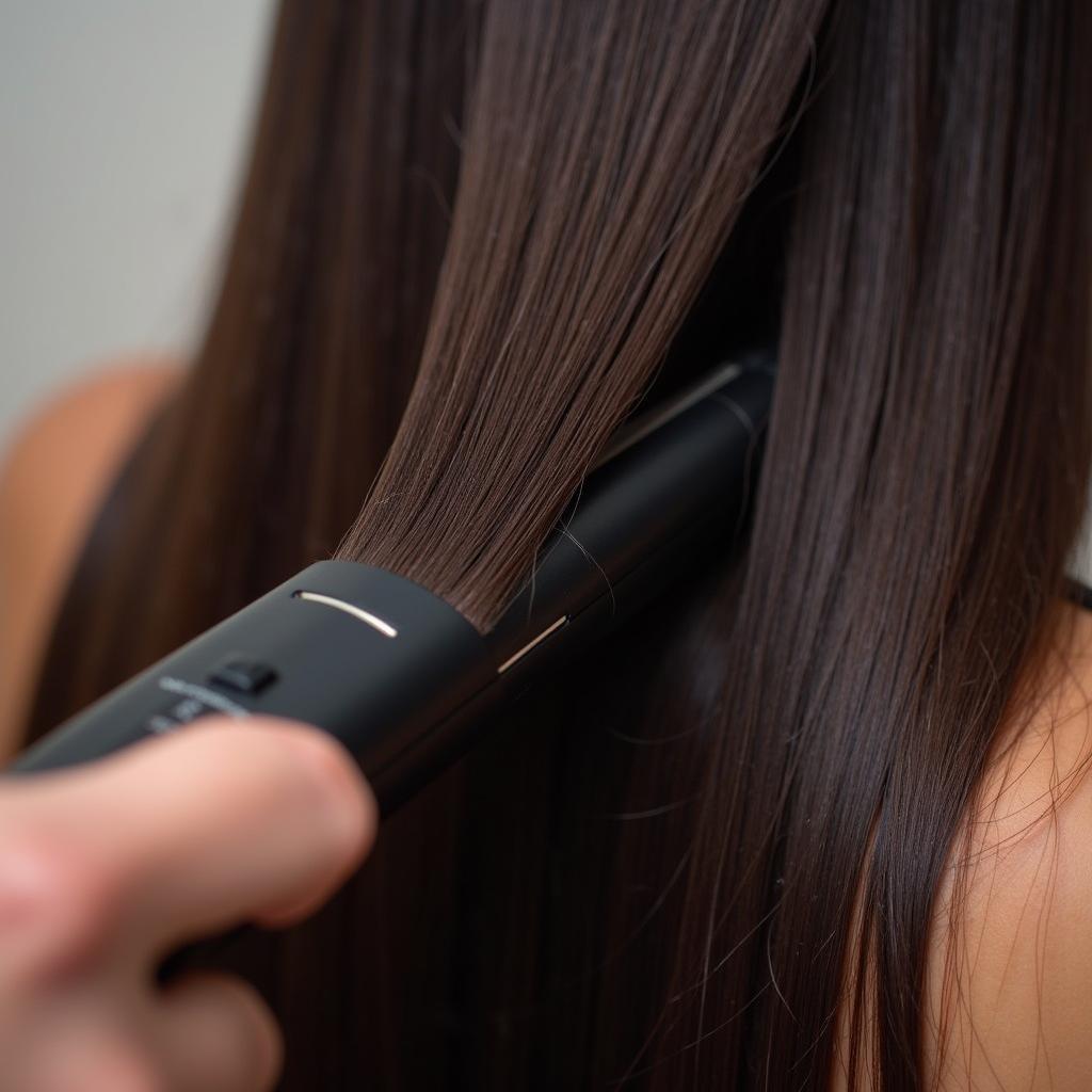 Using a hair straightener on long, dark hair