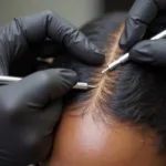 A Black woman undergoing a hair transplant procedure