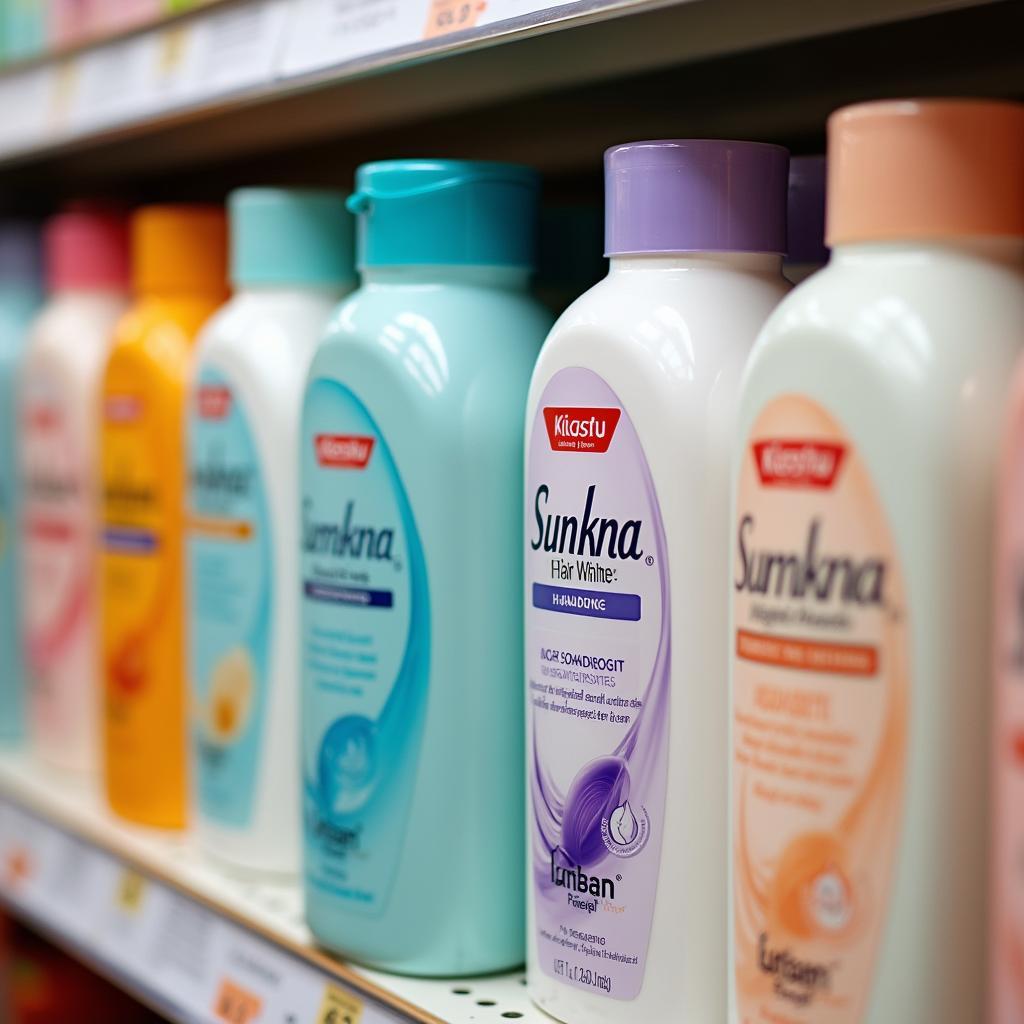 Bottles of various hair whitening shampoos on a shelf