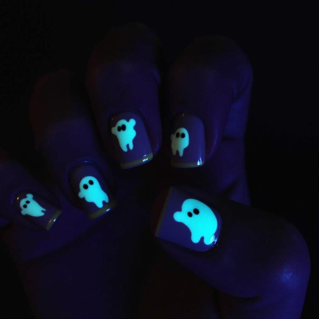 Halloween Glow in the Dark Nails with Ghosts