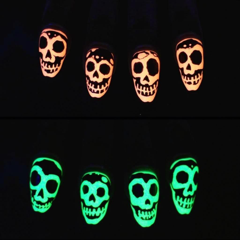 Halloween Glow Nails with Skulls