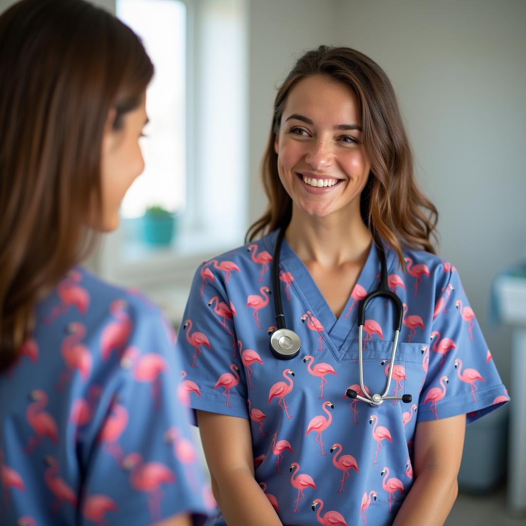 A healthcare professional smiling in a flamingo scrub top