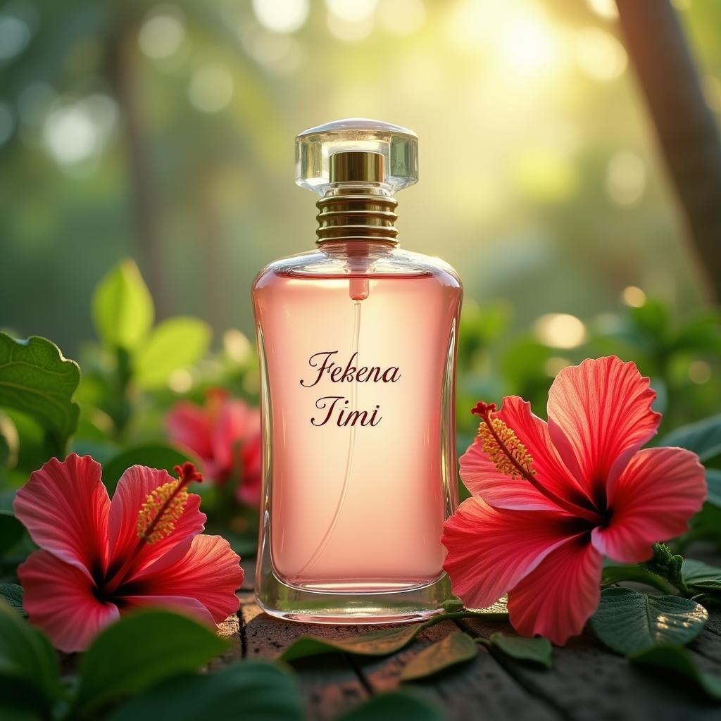 A bottle of heavenly hibiscus perfume with hibiscus flowers in the background