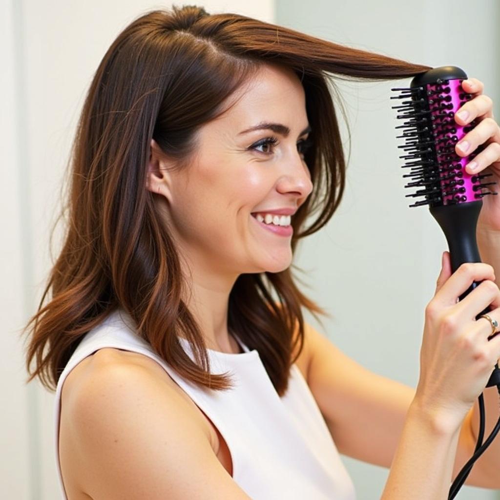 Woman using the Helen of Troy hot air curling brush to style her hair