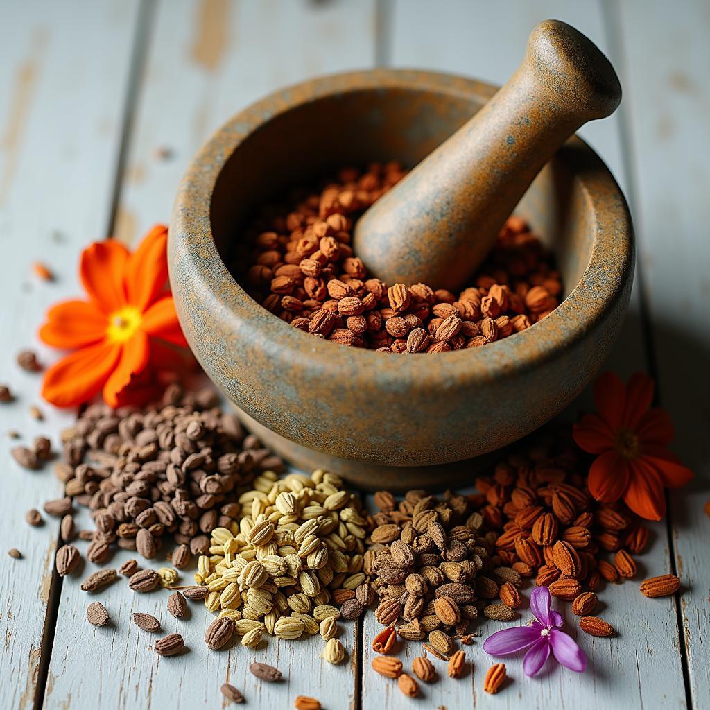 Various Herbs and a Mortar and Pestle