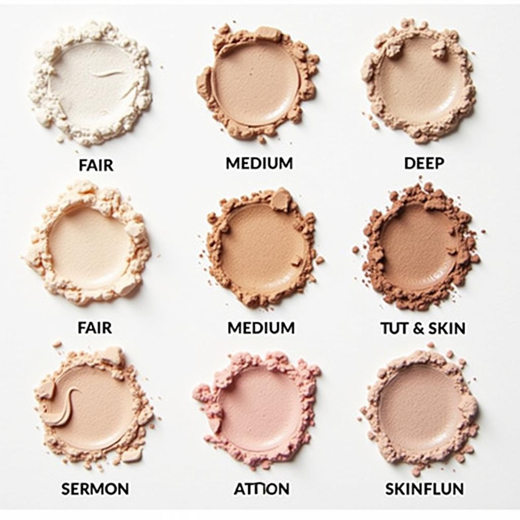 Various shades of pearlescent highlighters arranged according to skin tone.