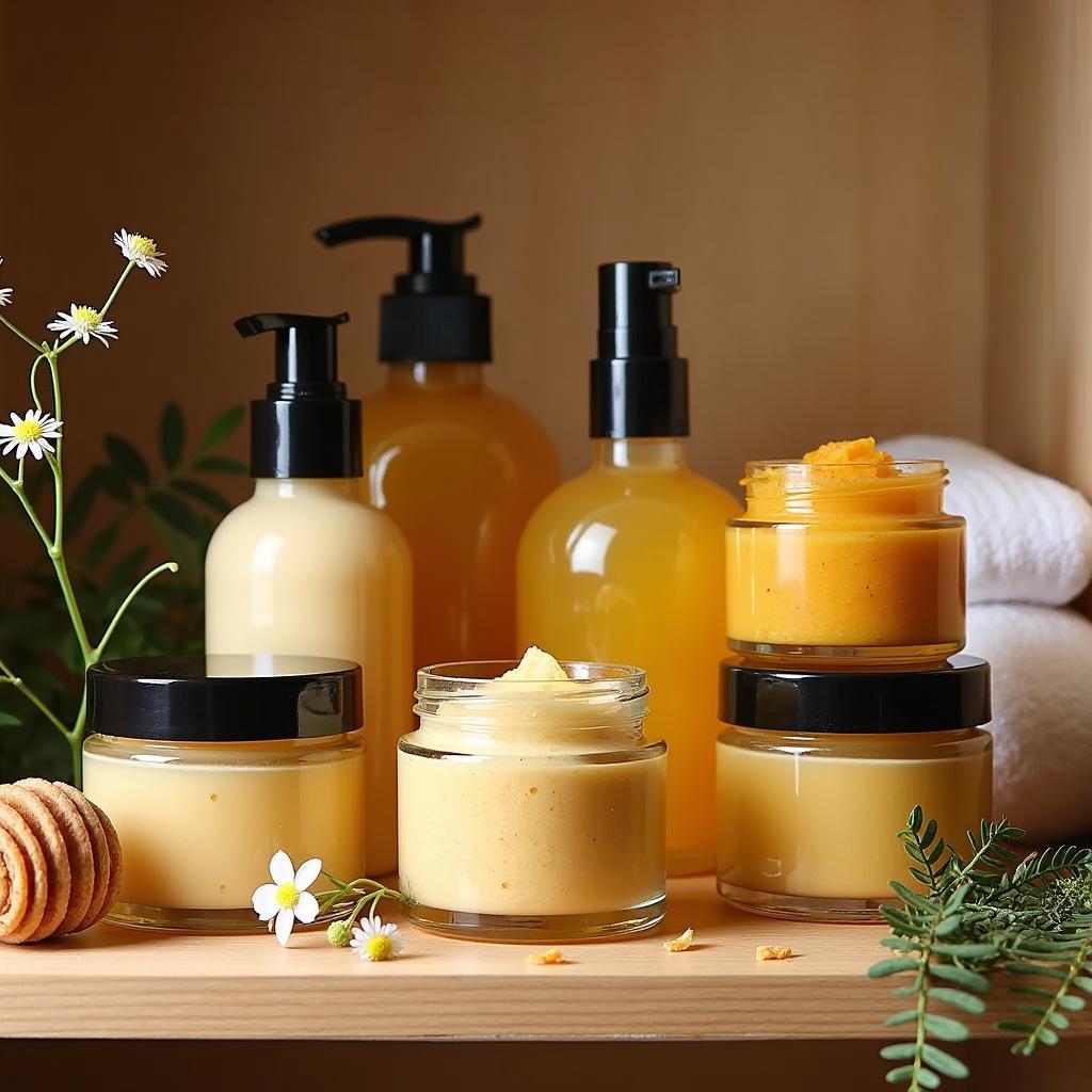 Various honey-based skincare products displayed on a shelf