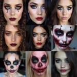 Different horror-inspired makeup looks created using horror eyeshadow palettes.