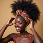 Woman styling her huge afro puff with a colorful headwrap