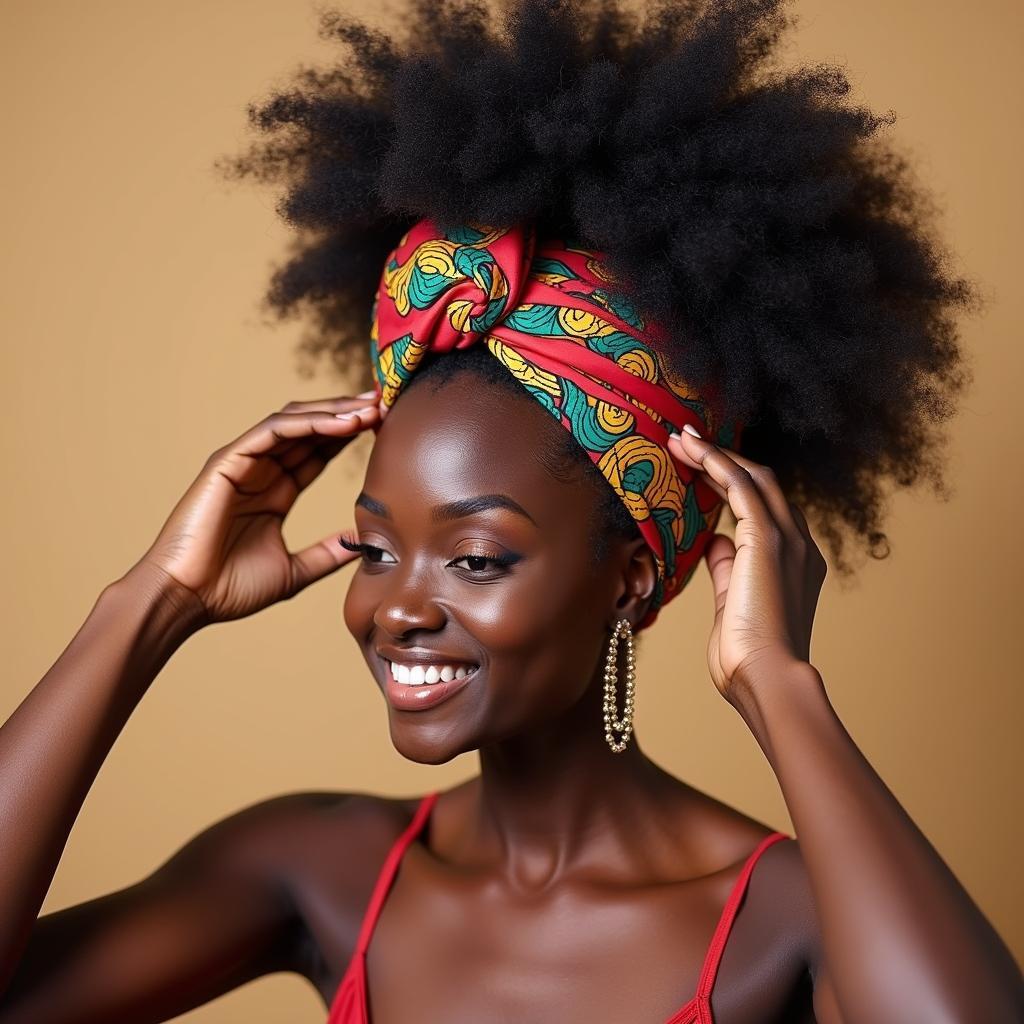 Woman styling her huge afro puff with a colorful headwrap