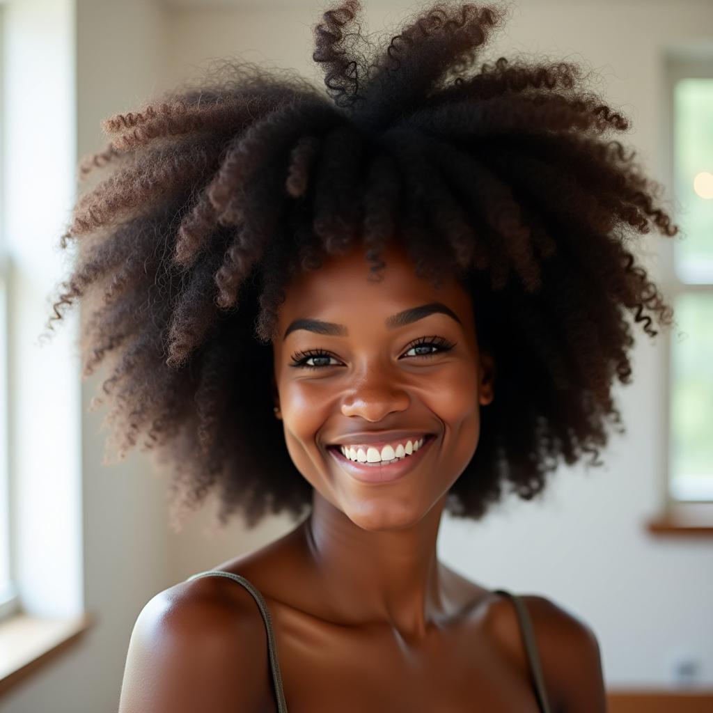 Woman with a huge afro puff smiling confidently