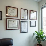 Close-up of certificates and licenses displayed on a wall.