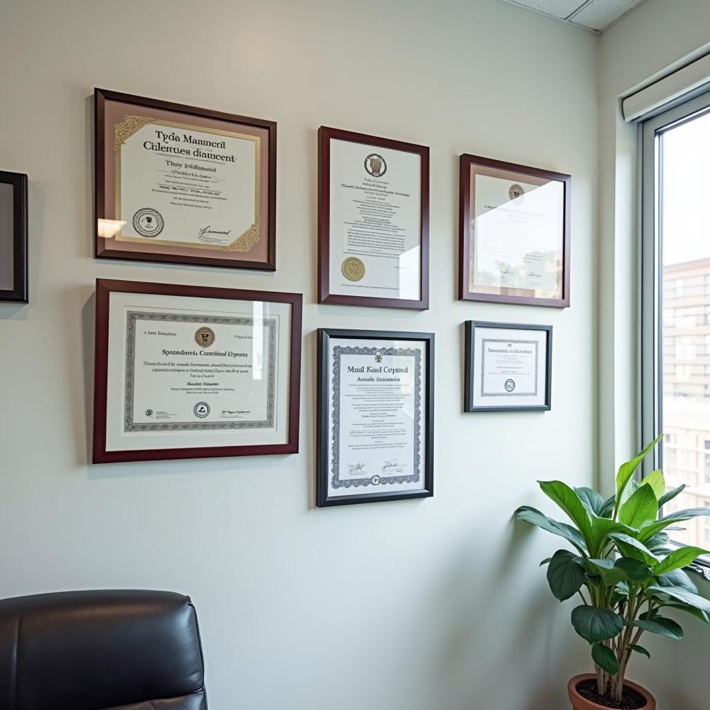 Close-up of certificates and licenses displayed on a wall.