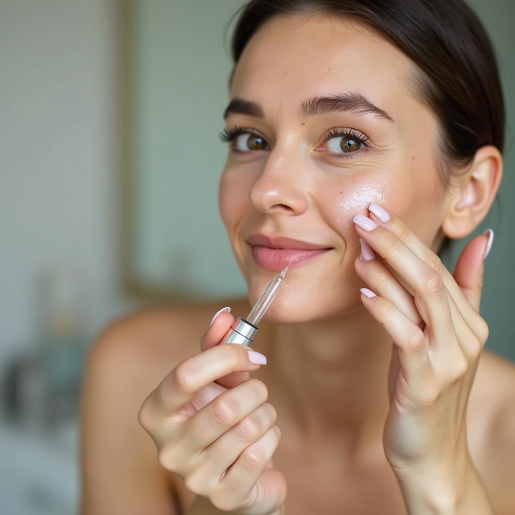 A woman applying Japanese face serum to her cheek