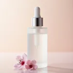 A bottle of Japanese face serum with delicate floral accents