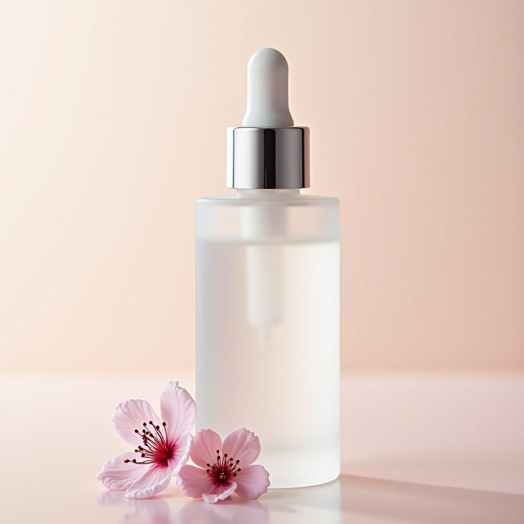 A bottle of Japanese face serum with delicate floral accents