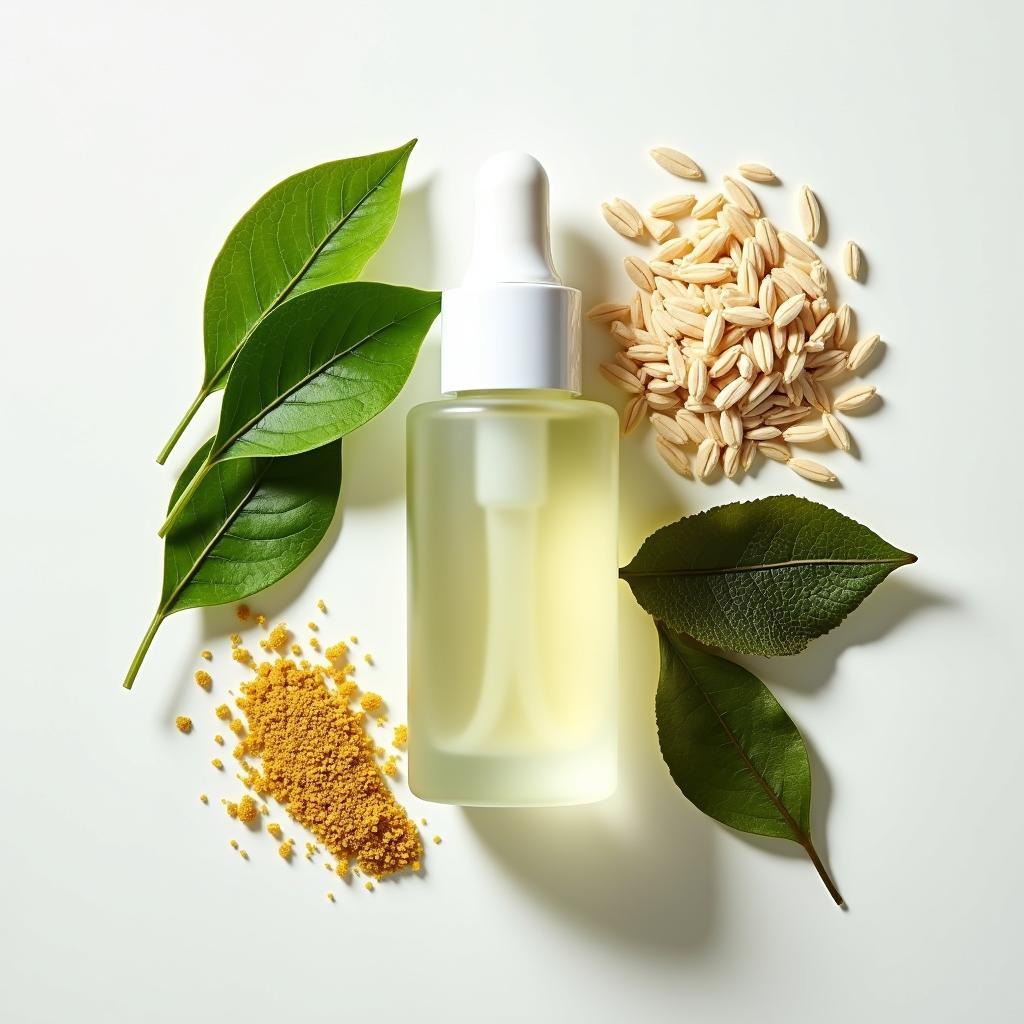 Green tea leaves, rice bran, and seaweed displayed with a bottle of serum