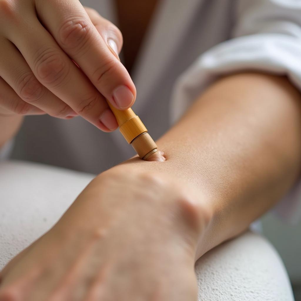 Applying pressure with a Tsubo stick on a specific acupressure point