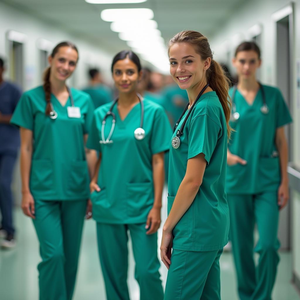 Medical professionals wearing kelly green scrubs in a hospital setting