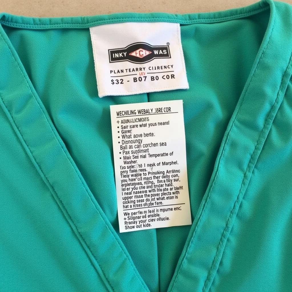 Care label on kelly green scrubs with washing instructions