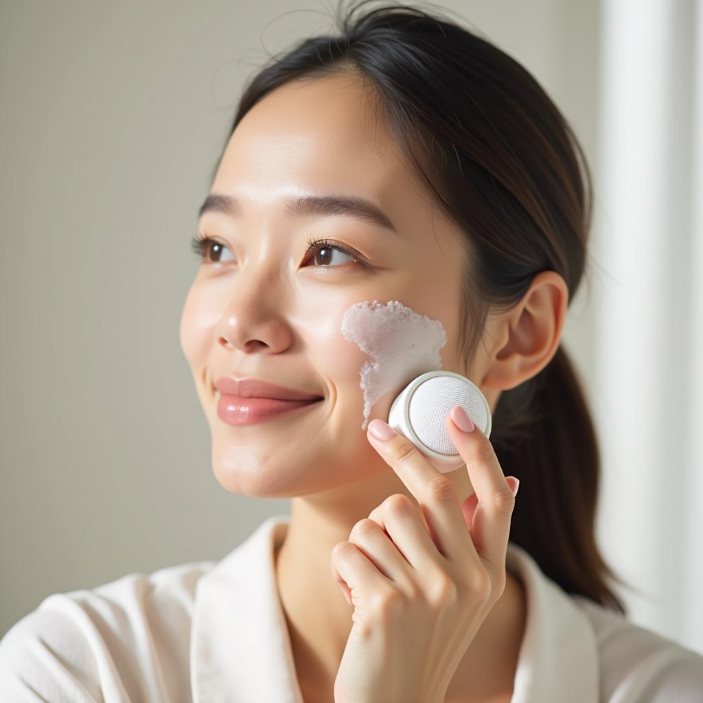 Woman Using Korean Facial Equipment in Her Routine