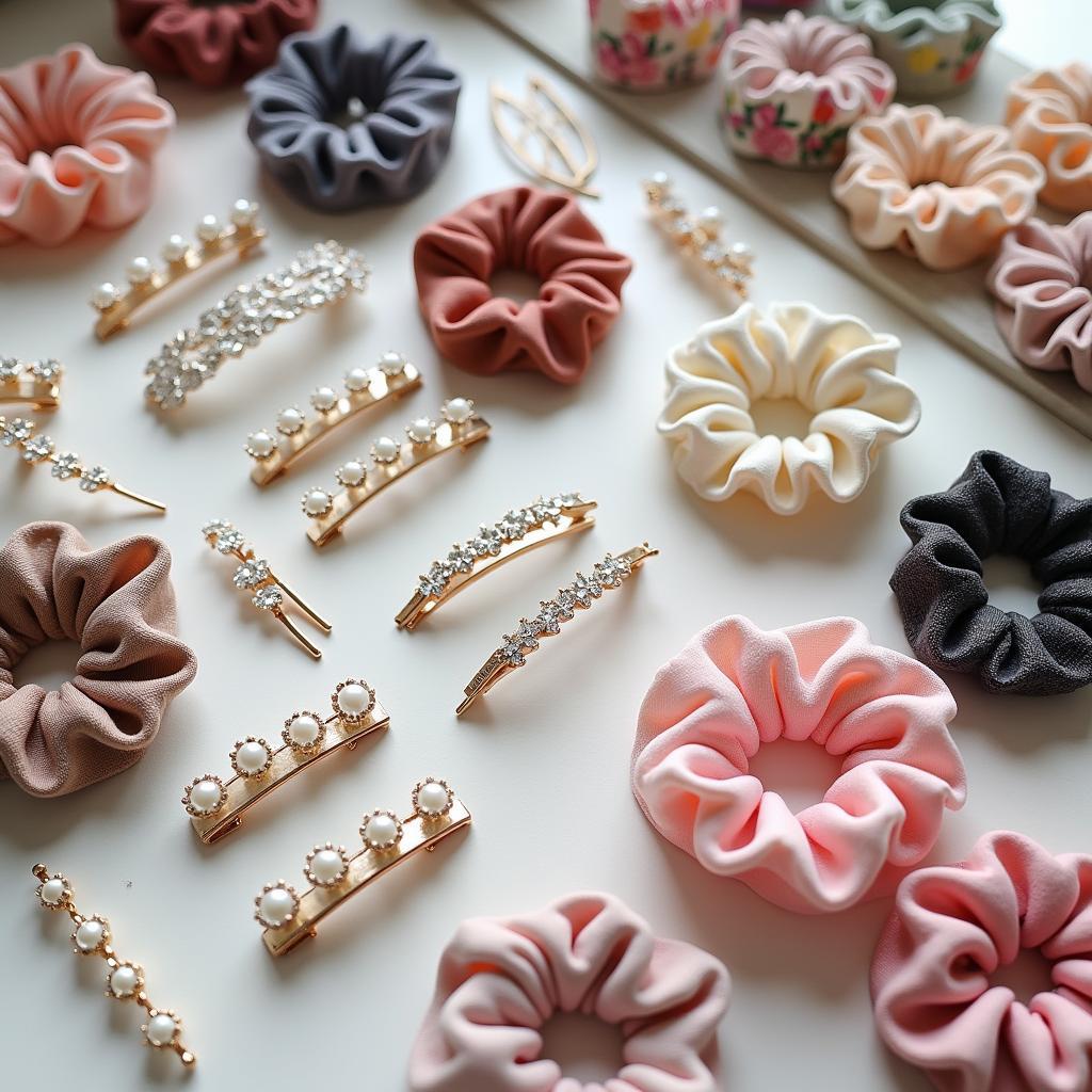 A variety of Korean hair accessories including barrettes, clips, and headbands.