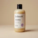 Close-up of a La Beaute shampoo bottle, showcasing the label and bottle design.