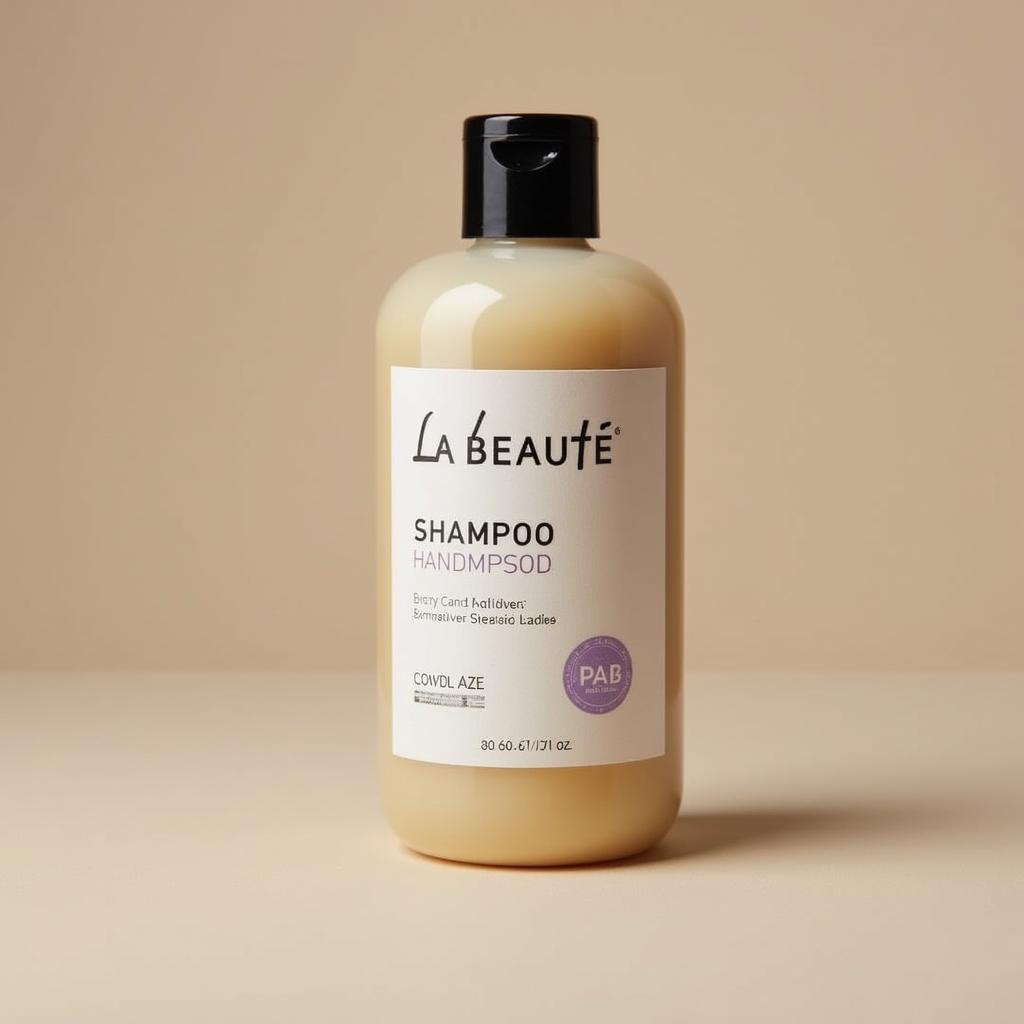 Close-up of a La Beaute shampoo bottle, showcasing the label and bottle design.