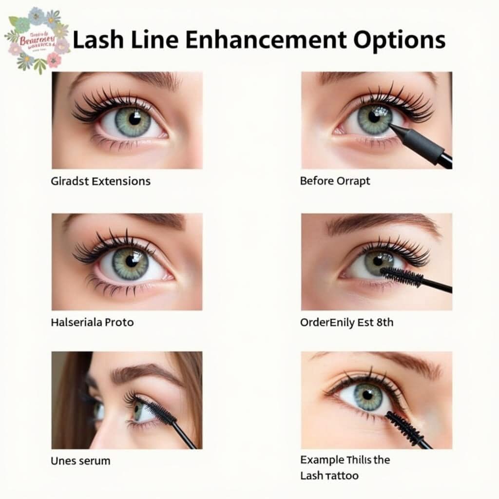 Lash line enhancement options include lash serums, extensions, tattoos, and makeup techniques.