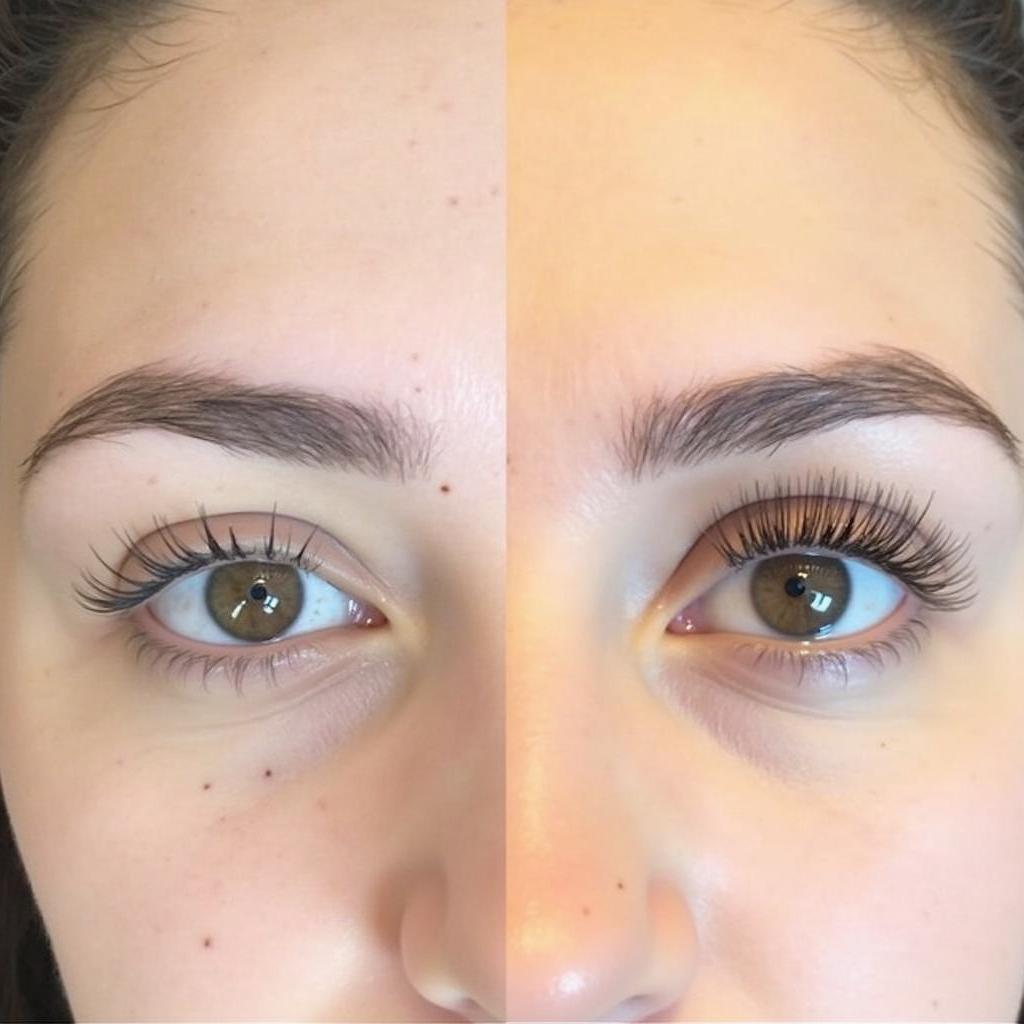 Before and after photos of lash tattooing showing a more defined lash line.