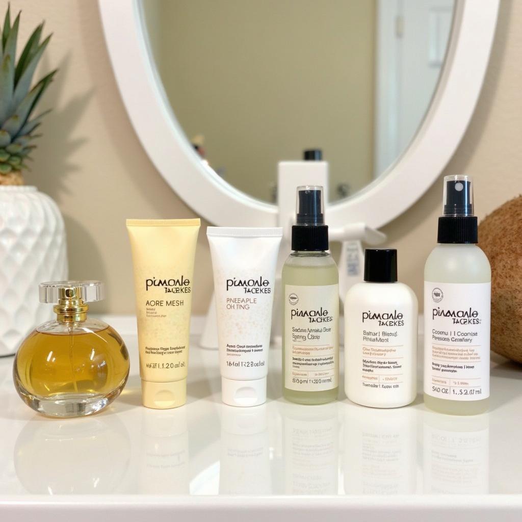 Various coconut and pineapple scented products arranged on a vanity table.