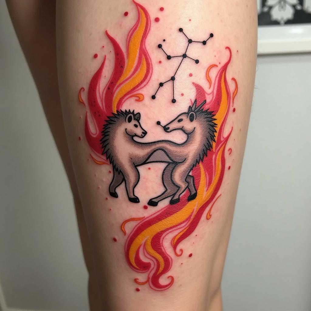 Leo and Sagittarius tattoo showcasing constellation lines with fiery background.