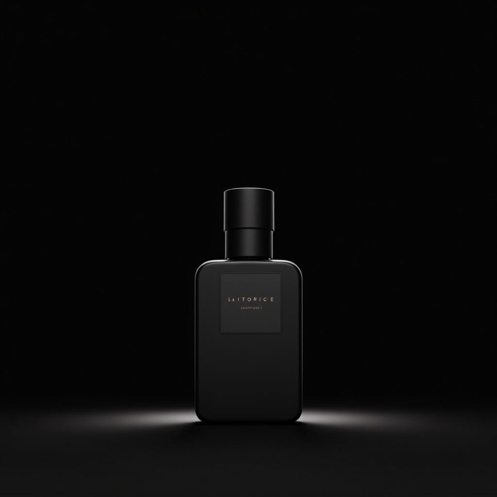 A dark and moody photograph of a licorice perfume bottle against a black background, highlighting its elegant design and mysterious allure.