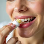 A woman applying high-end lip balm.