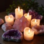 Candles and crystals arranged for a love spell