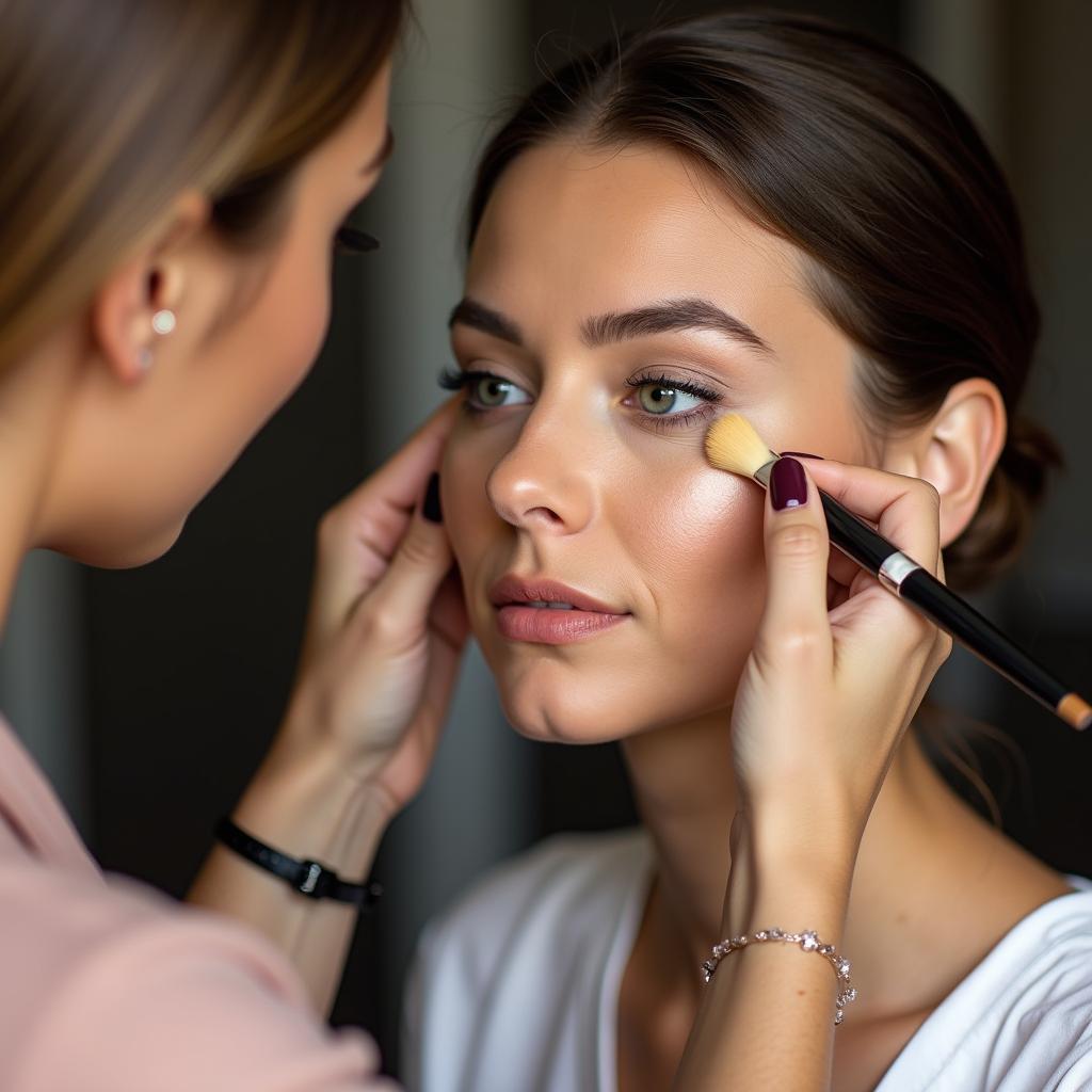 Makeup artist applying foundation on model